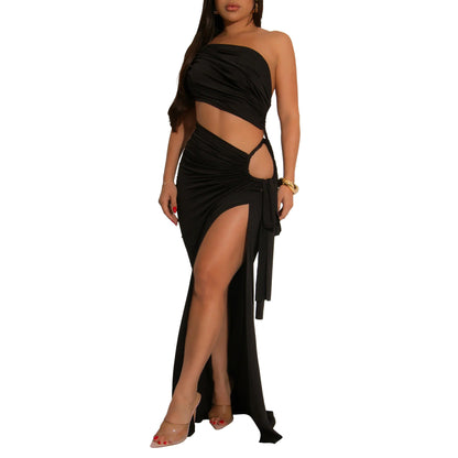 MYF (S-2XL) 20195 diagonal collar tube top split dress