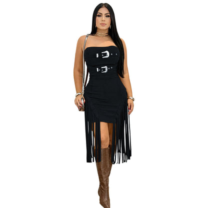 XYZ C7426 sleeveless tube top backless tassel dress