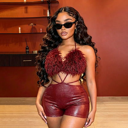 DZHT J26RP306 backless hollow-out furry stitching halter lace-up one-piece shorts