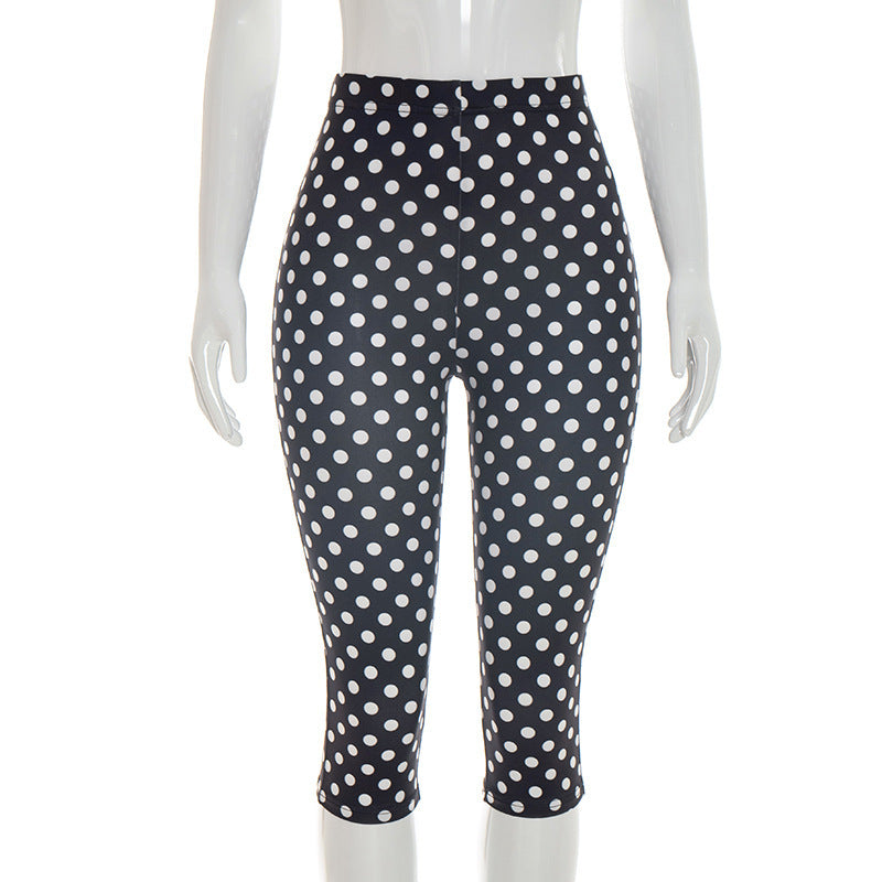 DZHT J26PT151 fashionable all-match polka dot printed mid-waist tight casual cropped pants