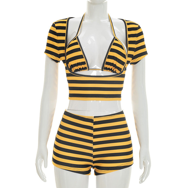 DZHT J26ST161 Sling short top shorts striped printed three-piece set