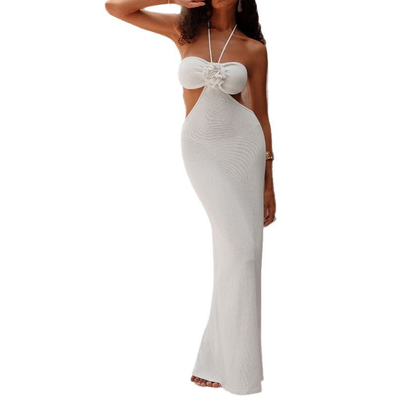 CYB three-dimensional crochet knitted halter strap waist slit smock dress