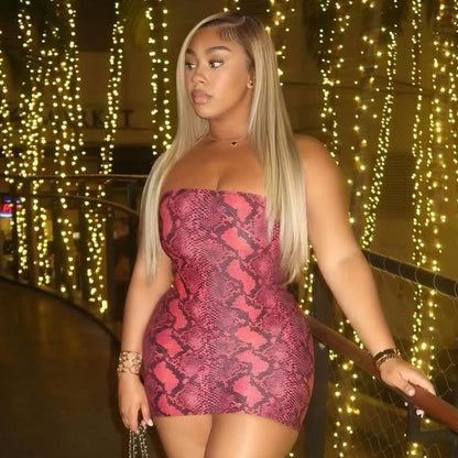 DZHT J26DS172 snake print tube top tight dress short skirt