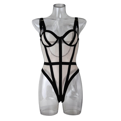 See-through bandage mesh joint sexy bodybuilding jumpsuits underwear open hidden hook