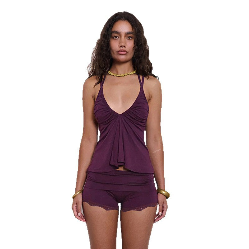 DLS summer top halter lace-up sexy V-neck backless hot girl short vest