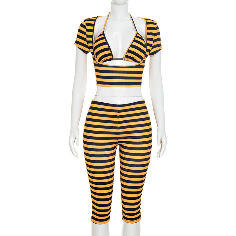 DZHT J26ST218 striped printed short sleeve vest cropped pants three-piece set