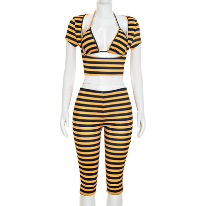 DZHT J26ST218 striped printed short sleeve vest cropped pants three-piece set