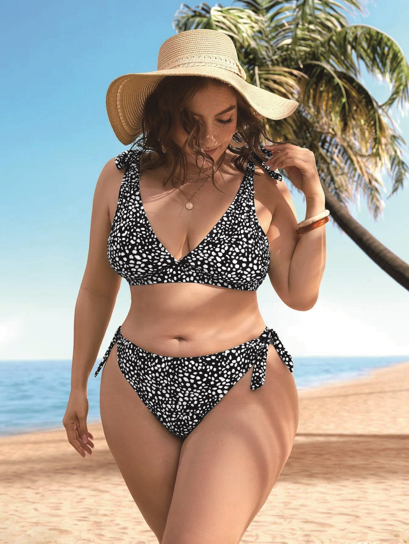LF (L-4XL) women's split color printing swimsuit plus size