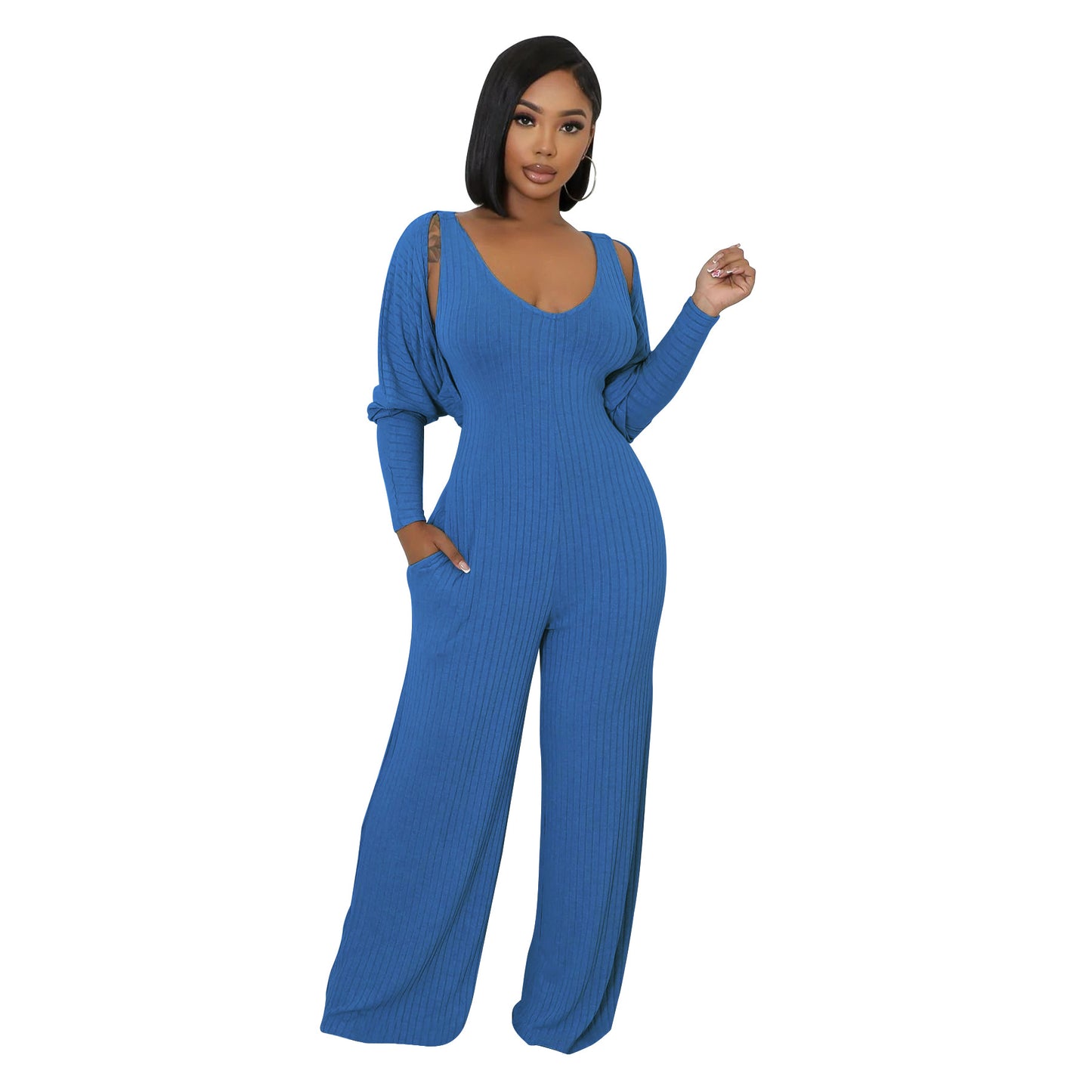 MYF (S-2XL) K10794 sunken stripe long sleeve vest jumpsuit