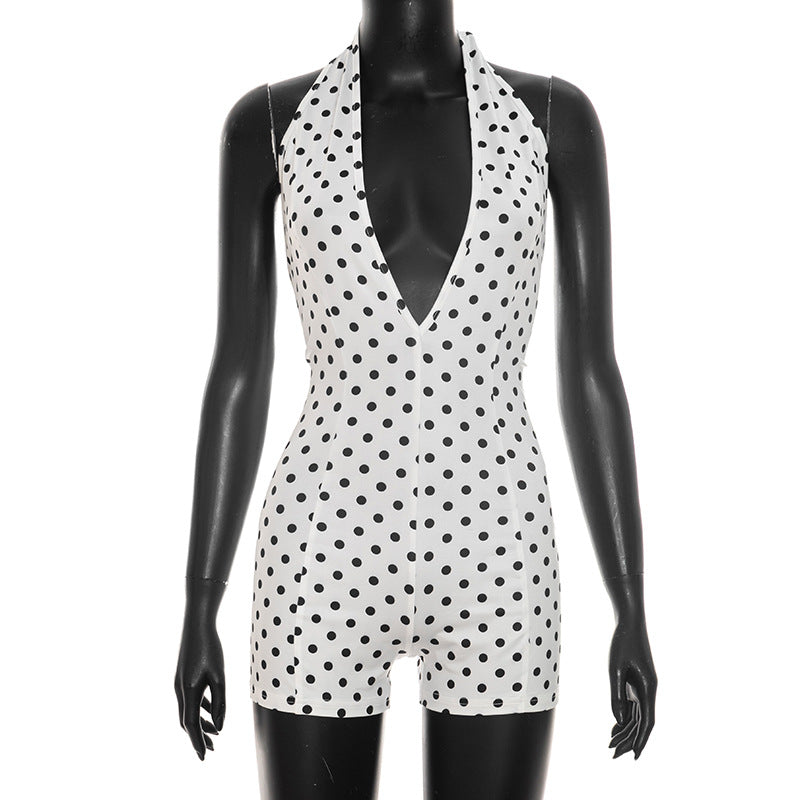DZHT Q26RP090 polka dot printing halter lace-up deep V-neck casual short jumpsuit