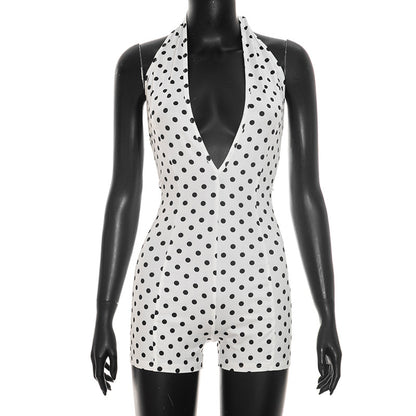 DZHT Q26RP090 polka dot printing halter lace-up deep V-neck casual short jumpsuit