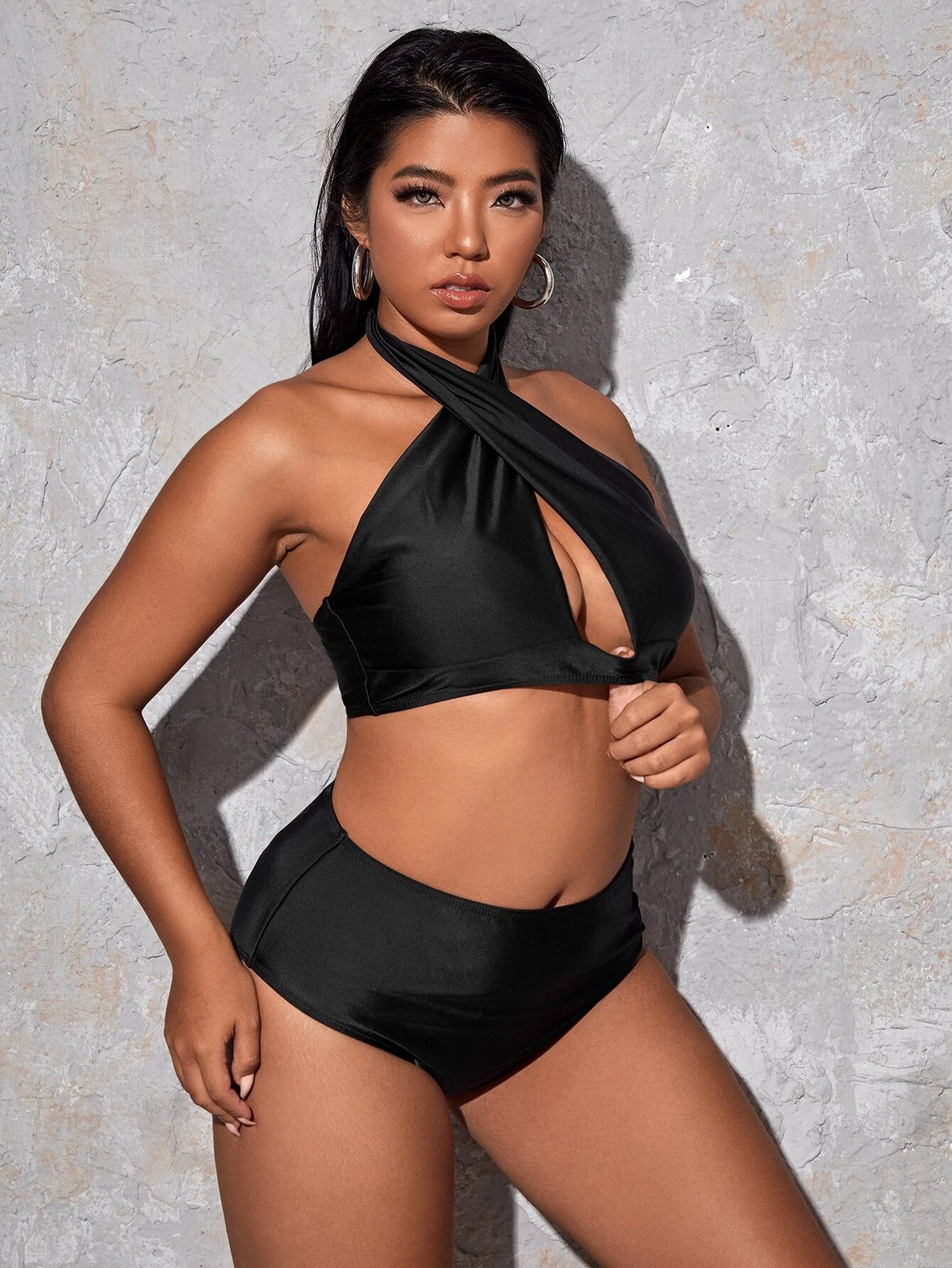 LF (L-4XL) 2026 plus size black split swimsuit