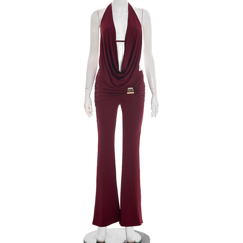 DZHT D25ST556 halter swing collar backless rope top metal buckle bootcut pants two-piece suit