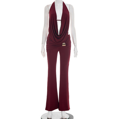 DZHT D25ST556 halter swing collar backless rope top metal buckle bootcut pants two-piece suit