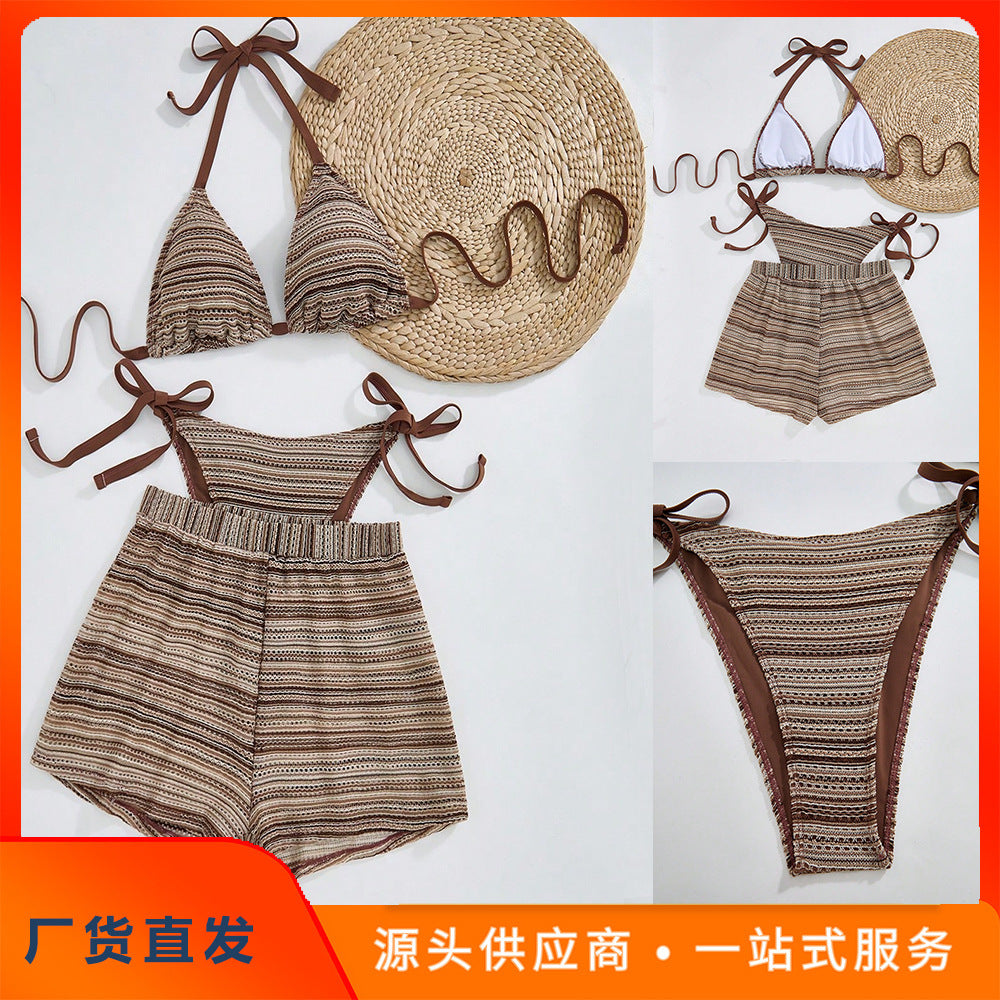 CL (L-4XL) sexy halter lace-up bikini plus size swimsuit split beach shorts three-piece suit