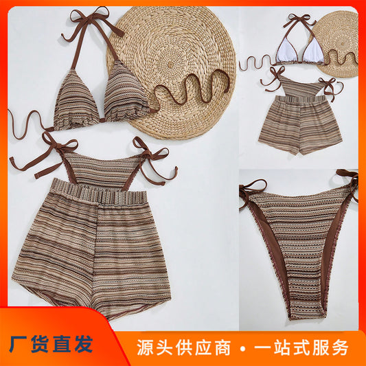 CL (L-4XL) sexy halter lace-up bikini plus size swimsuit split beach shorts three-piece suit