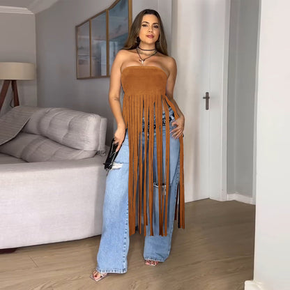 XYZ C7436 deerskin velvet tube top tassel dress