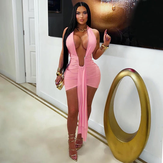 DZHT C26DS181 low collar halter strap backless sheath dress
