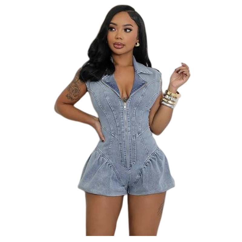 MZ (S-2XL) denim jumpsuit MZ88652 sleeveless stretch jumpsuit lantern shorts
