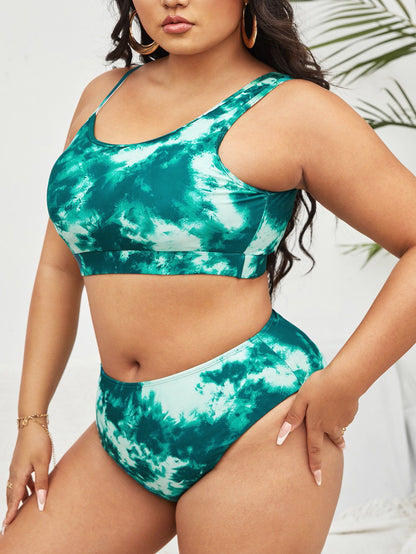 LF (L-4XL) women's split color printing swimsuit plus size