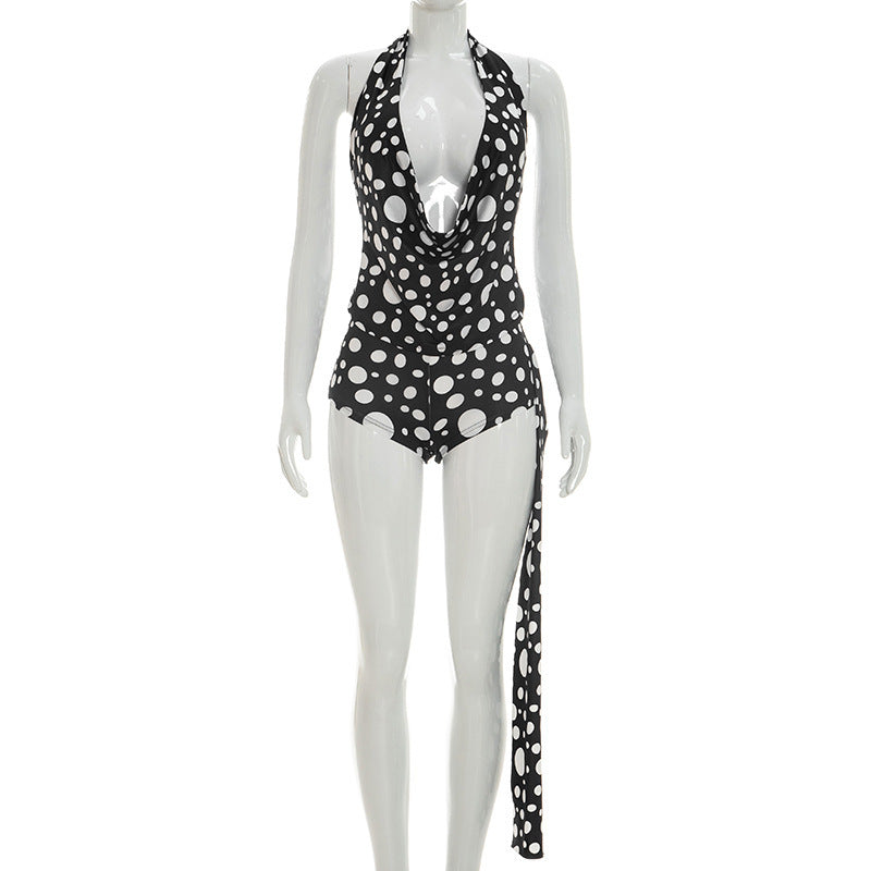 DZHT J26ST156 sleeveless halter backless polka dot print short suit