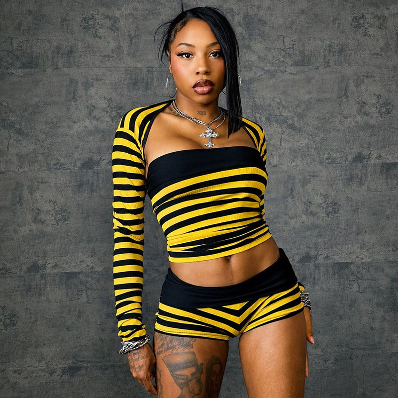 DZHT J26ST262 striped slim fit midriff-baring hot girl long sleeve shorts three-piece suit