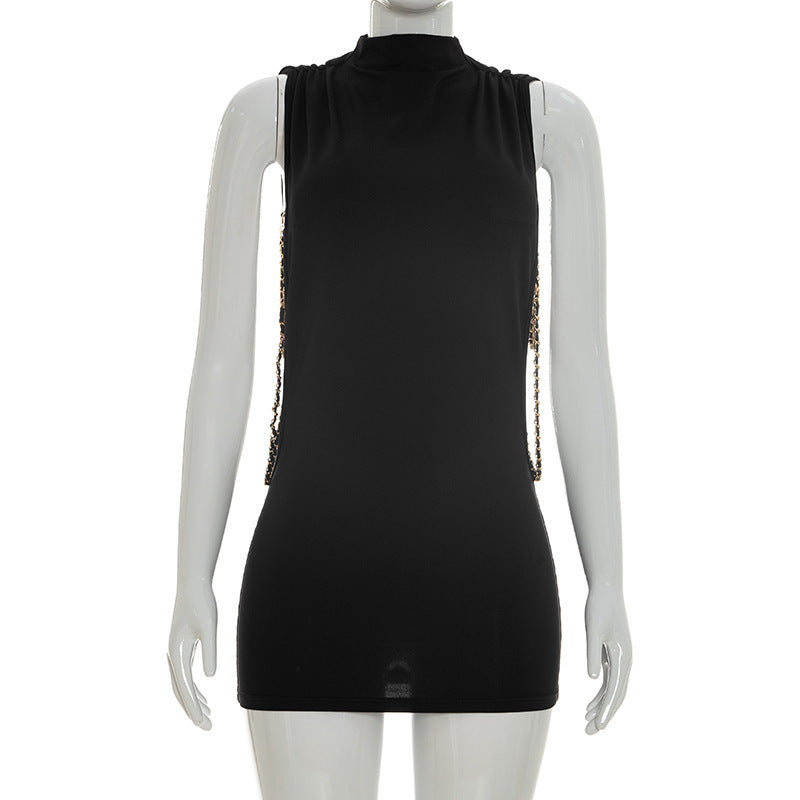 DZHT J26DS135 half-turtleneck sleeveless hollow-out lanyard ultra-short mini dress