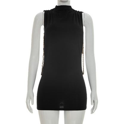 DZHT J26DS135 half-turtleneck sleeveless hollow-out lanyard ultra-short mini dress