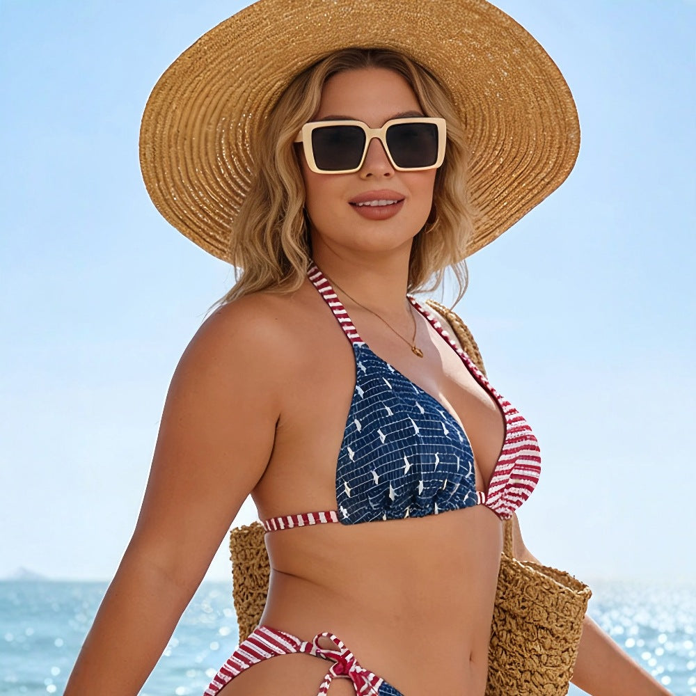 CL (L-4XL) 2026 bikini double-sided patchwork stripes halter lace-up swimsuit top