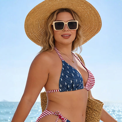 CL (L-4XL) 2026 bikini double-sided patchwork stripes halter lace-up swimsuit top