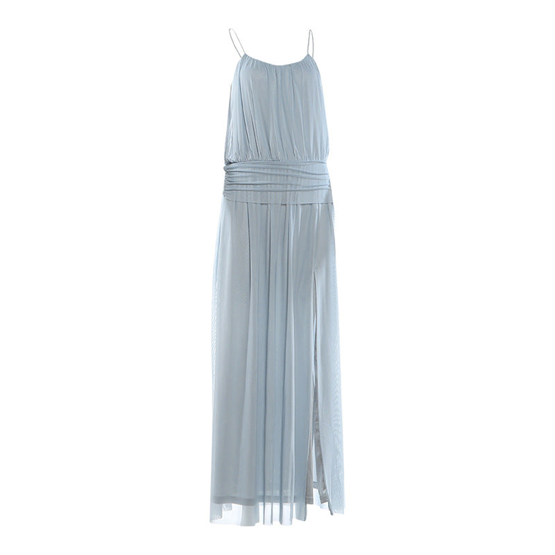 SXR spring sexy split waist fitted mesh solid color suspender dress
