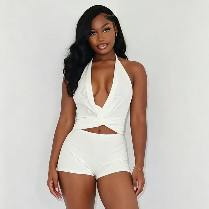 DZHT J26ST260 V-neck halter tied spaghetti-strap top tight shorts sequined two-piece suit