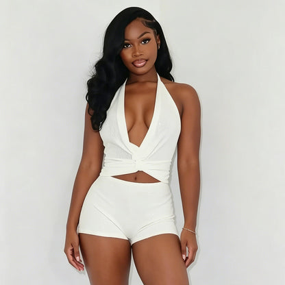 DZHT J26ST260 V-neck halter tied spaghetti-strap top tight shorts sequined two-piece suit