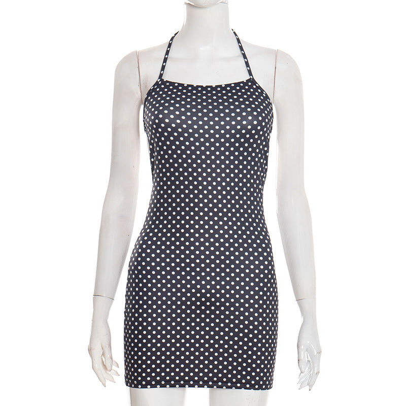 DZHT J26DS002 spring polka dot halter lace-up backless short dress