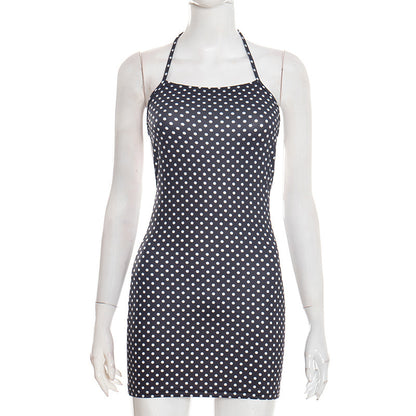 DZHT J26DS002 spring polka dot halter lace-up backless short dress