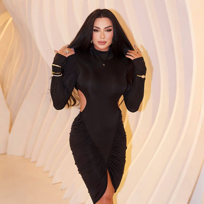 SXR autumn turtleneck backless ruffle hip short skirt fashion long sleeve dress