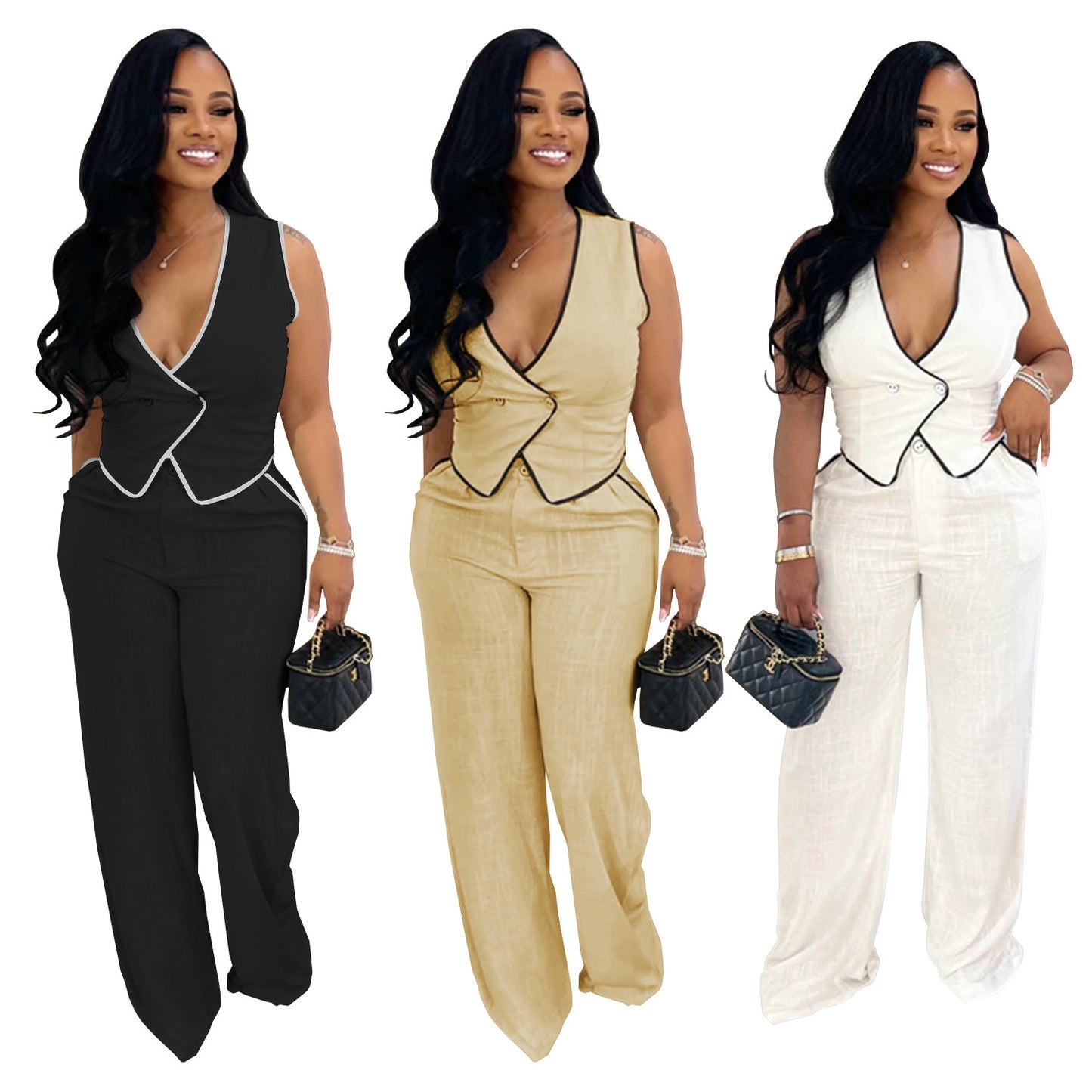 XYZ C7402 casual V-neck button top trousers two-piece set