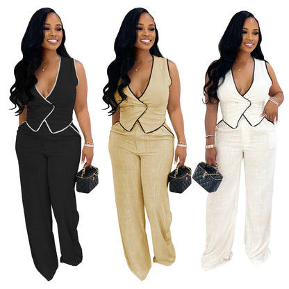 XYZ C7402 casual V-neck button top trousers two-piece set