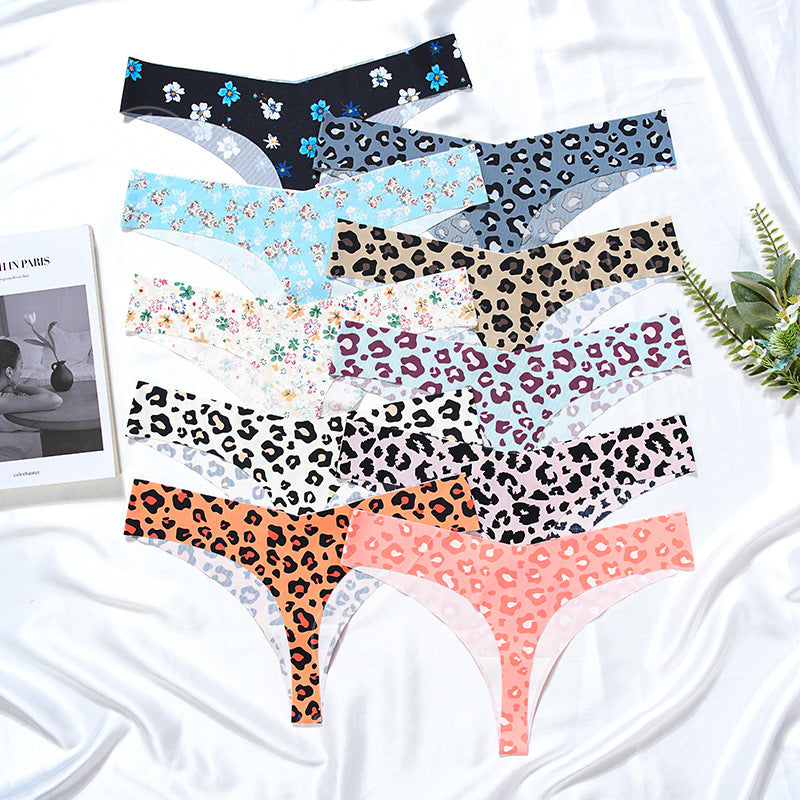 T-shaped panties low waist plus size breathable purified cotton crotch underwear seamless Ice Silk quick-drying leopard print T-back sheath