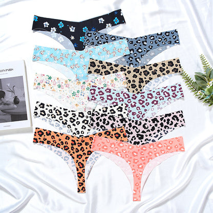 T-shaped panties low waist plus size breathable purified cotton crotch underwear seamless Ice Silk quick-drying leopard print T-back sheath