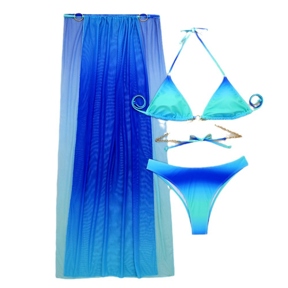 (4 days ready to ship) SY gradient mesh long dress drawstring banded bikini three-piece set