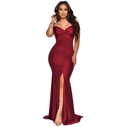 MYF (S-2XL) 10062 spring/summer V-neck off-shoulder hip-wrapped dress fold split long dress