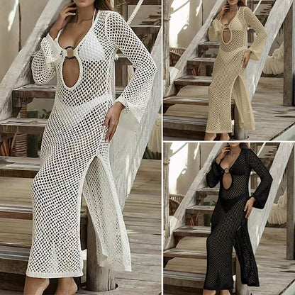 CYB beach dress long sleeve sun protection clothing side slit knitted dress