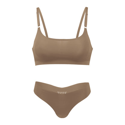 Seamless thin large size underwear set small breast size exaggerating bra T-shaped beauty back adjustable wireless bra