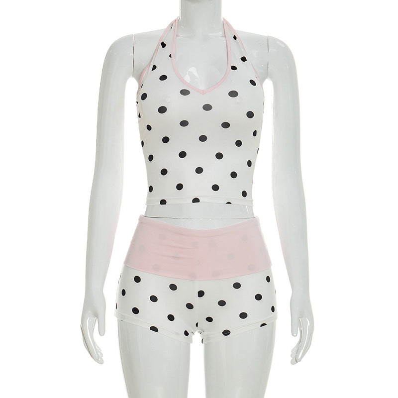 DZHT Y26ST096 fashionable fresh sweet tight halter polka dot contrast color suit