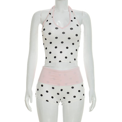 DZHT Y26ST096 fashionable fresh sweet tight halter polka dot contrast color suit
