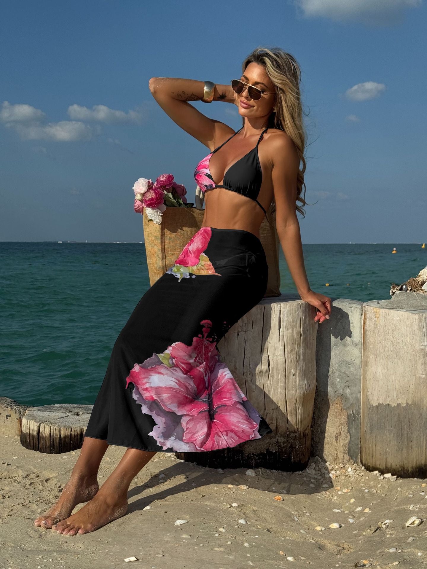 (4 days ready to ship) SY customized printing large floral three-piece set mesh long dress bikini