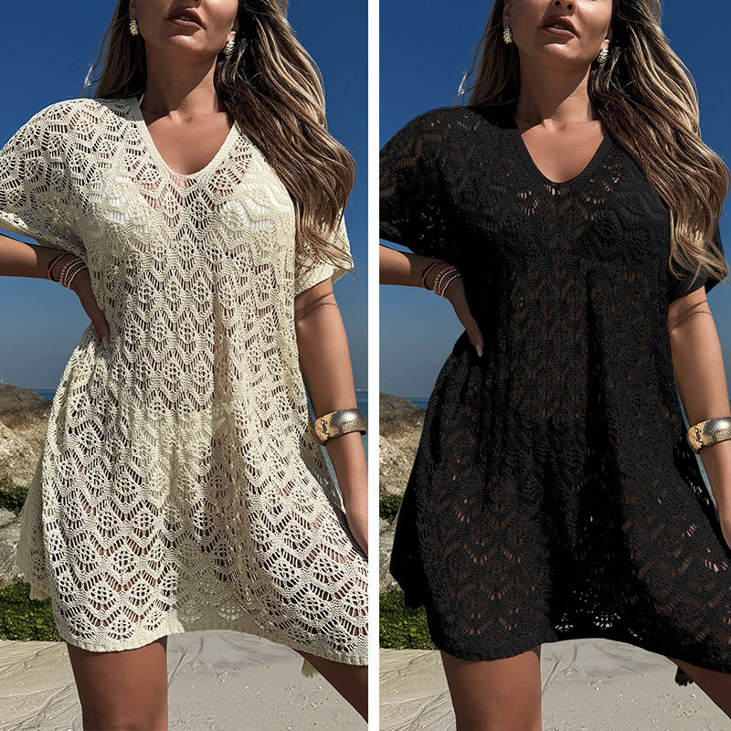 CYB knitted V-neck loose side drawstring split beach sun shield skirt