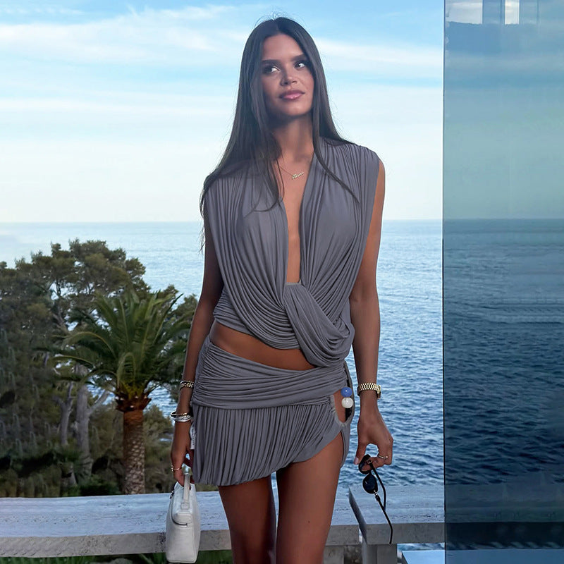 SXR K6S09819A summer pleated V-neck top split skirt outfit