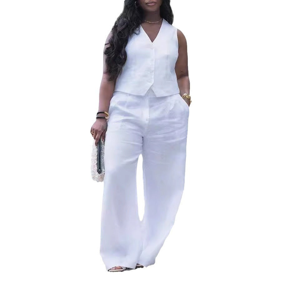 GY (S-3XL) S10896 V-neck vest wide leg pants suit